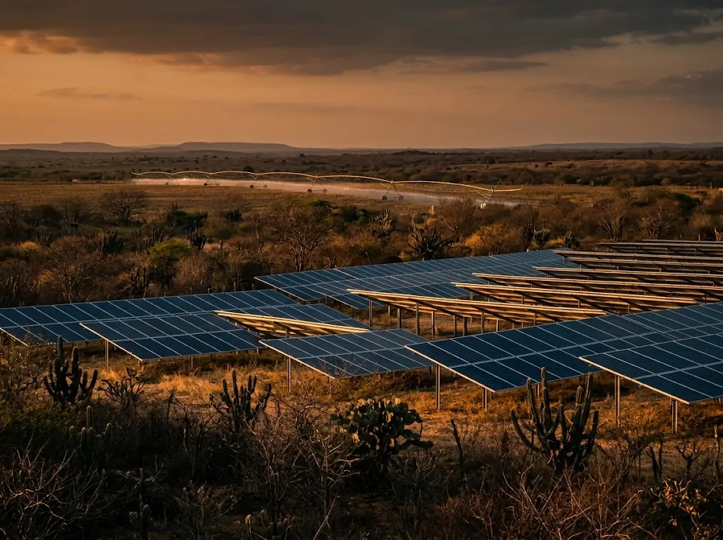 Usina solar em solo na caatinga com pivô de irrigação ao fundo