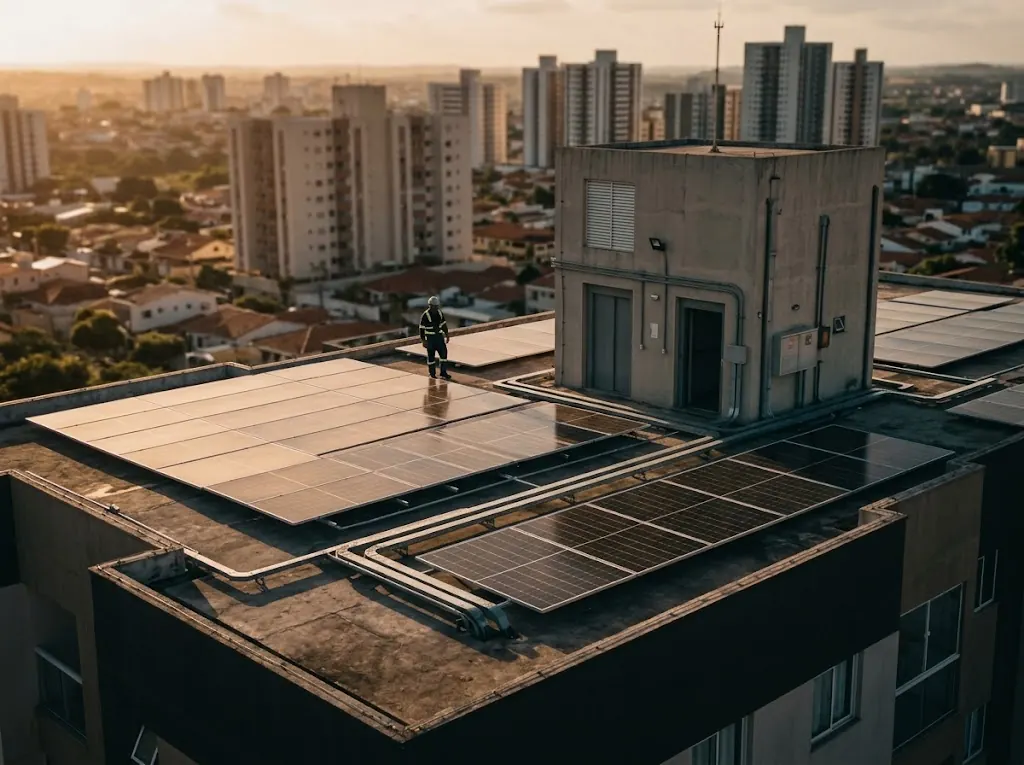 Cobertura de edifício residencial com módulos solares