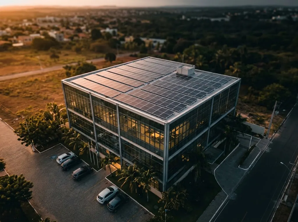 Prédio comercial envidraçado com usina solar na cobertura