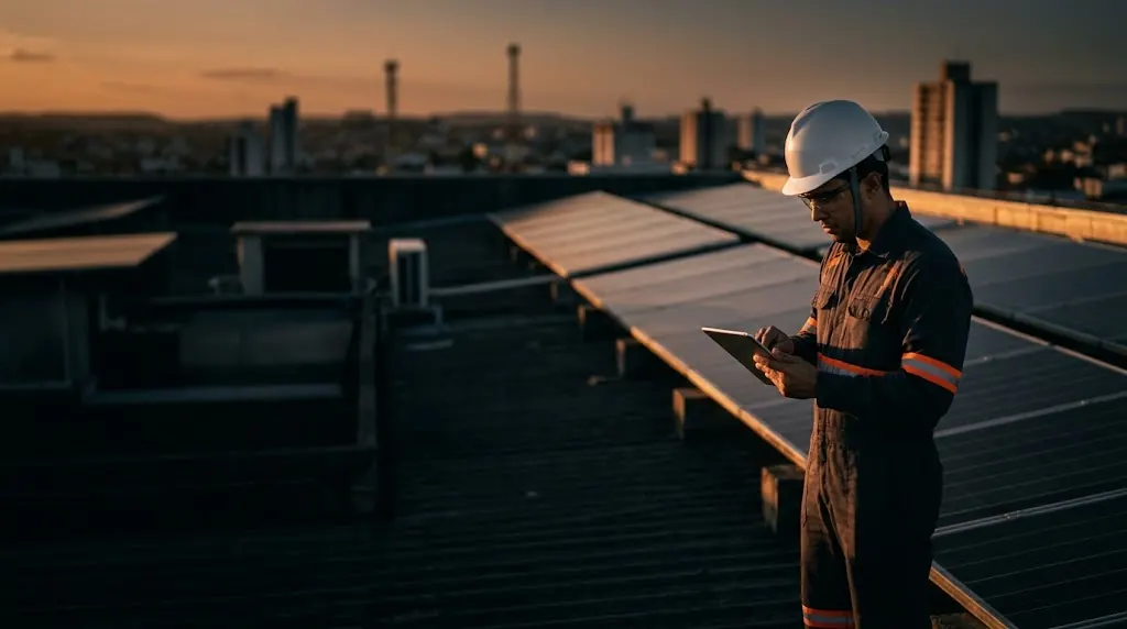 Técnico fazendo inspeção de módulos solares com tablet