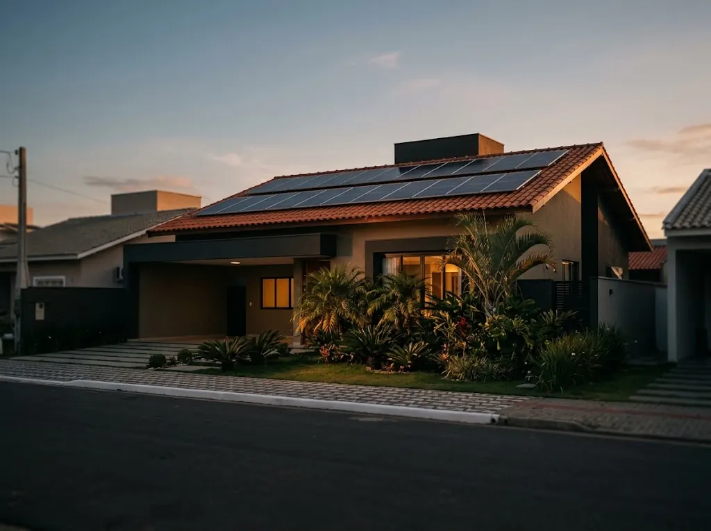 Casa térrea com módulos fotovoltaicos no telhado