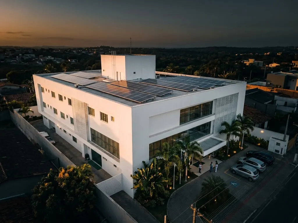 Edifício hospitalar com módulos solares na cobertura